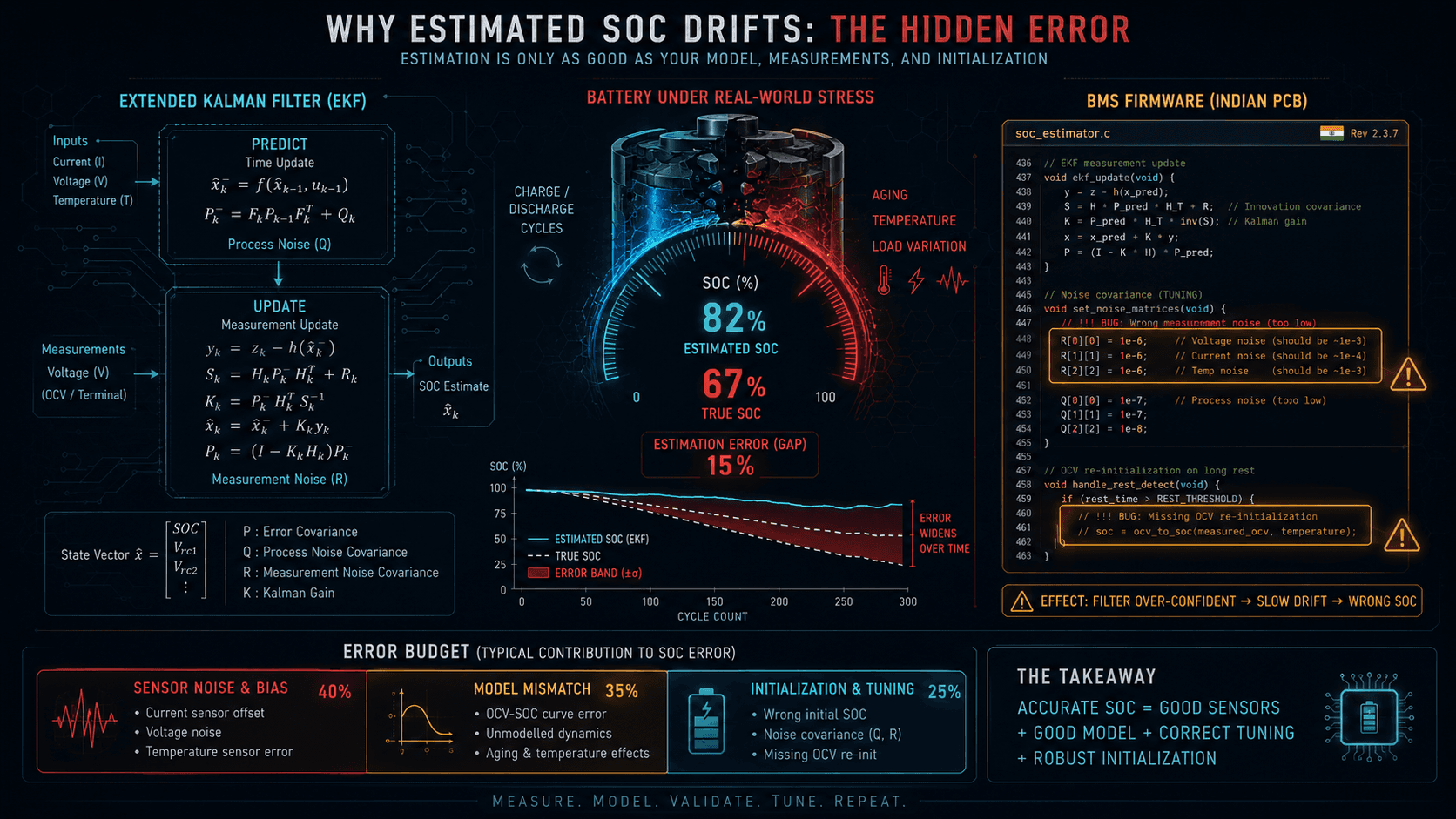 SOC Estimation Error Budgeting, EKF Implementation, and Why Indian BMS Firmware Gets It Wrong
